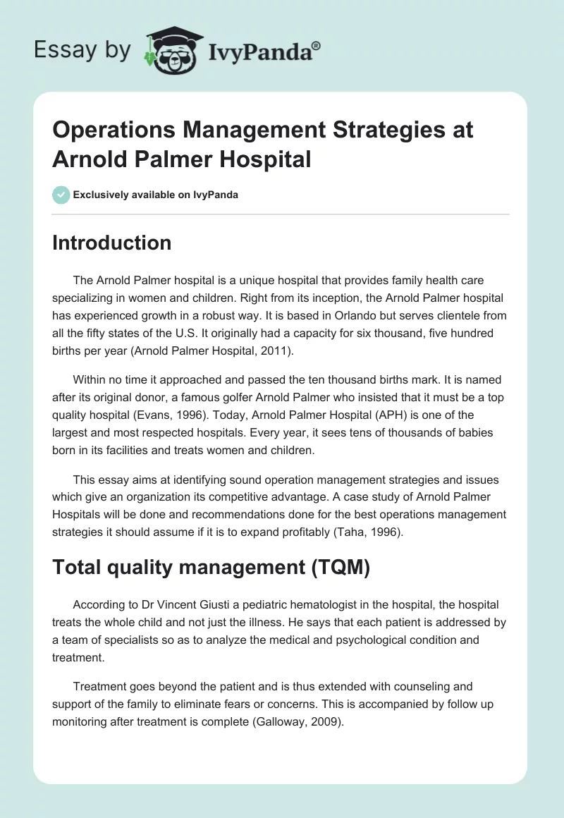 Operations Management Strategies at Arnold Palmer Hospital. Page 1