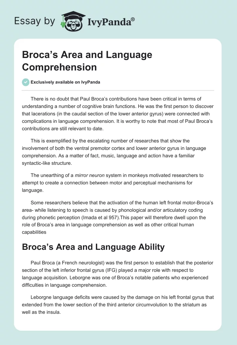 Broca’s Area and Language Comprehension. Page 1