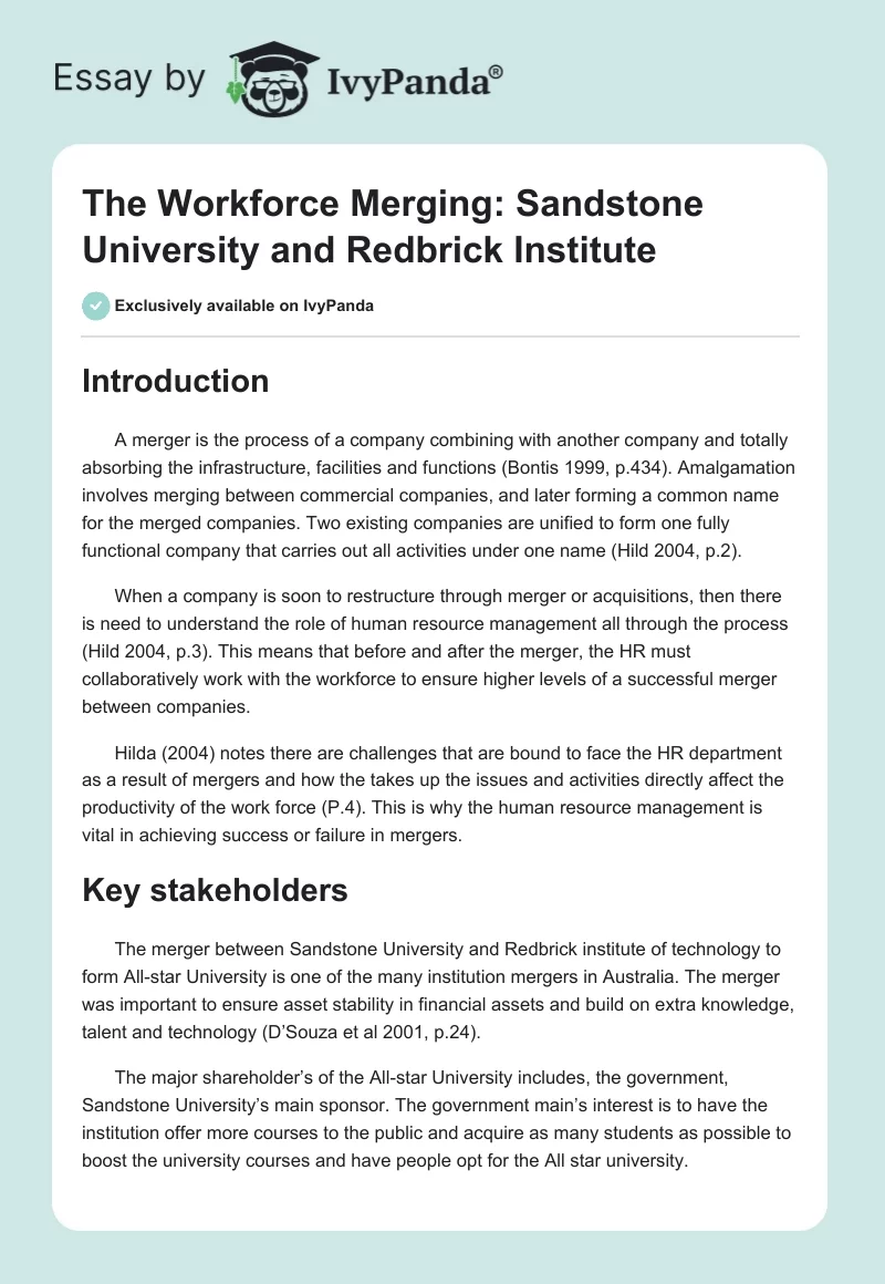 The Workforce Merging: Sandstone University and Redbrick Institute. Page 1