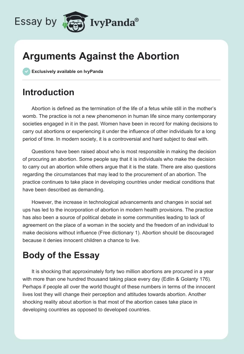 Arguments Against the Abortion. Page 1