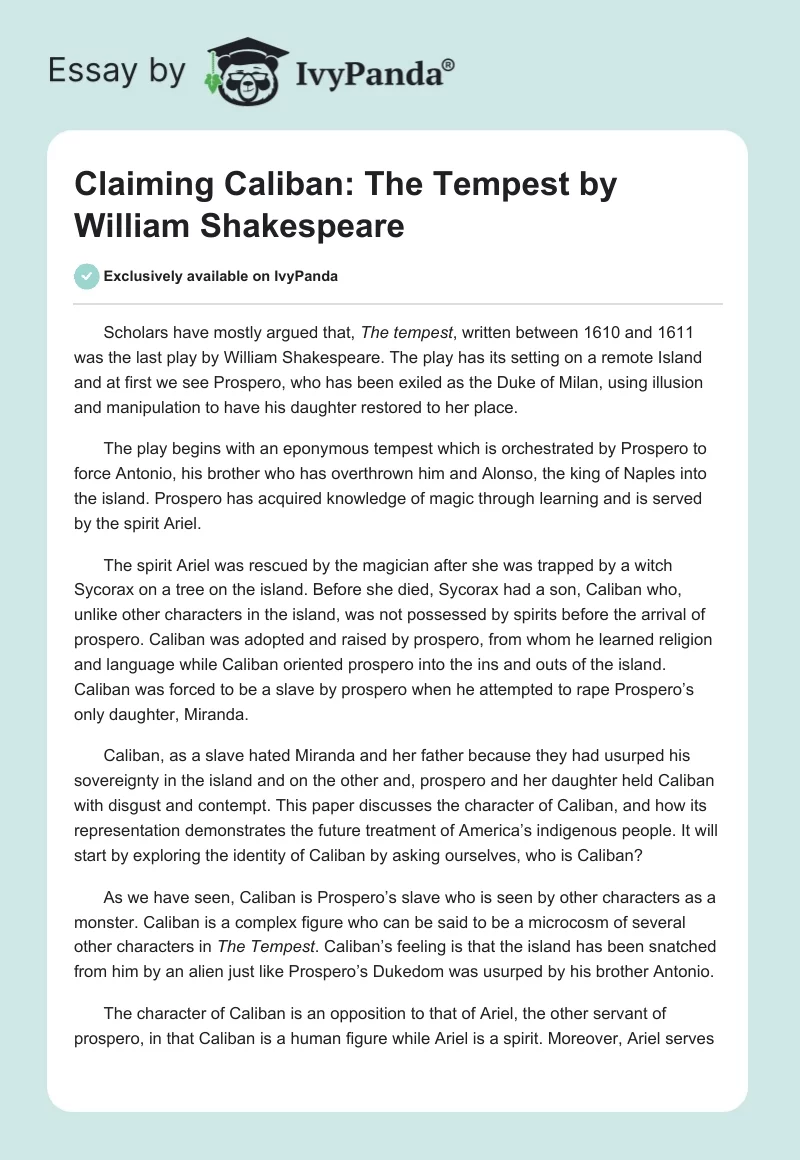 Claiming Caliban: "The Tempest" by William Shakespeare. Page 1