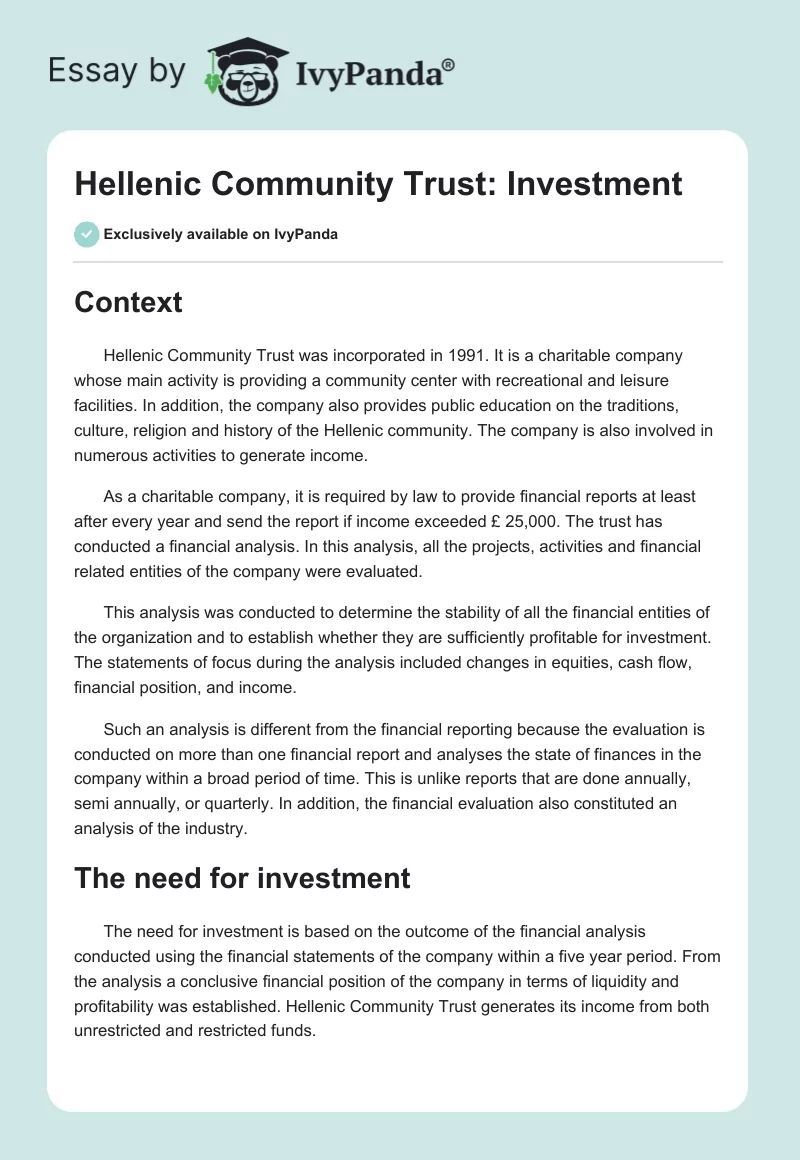 Hellenic Community Trust: Investment. Page 1