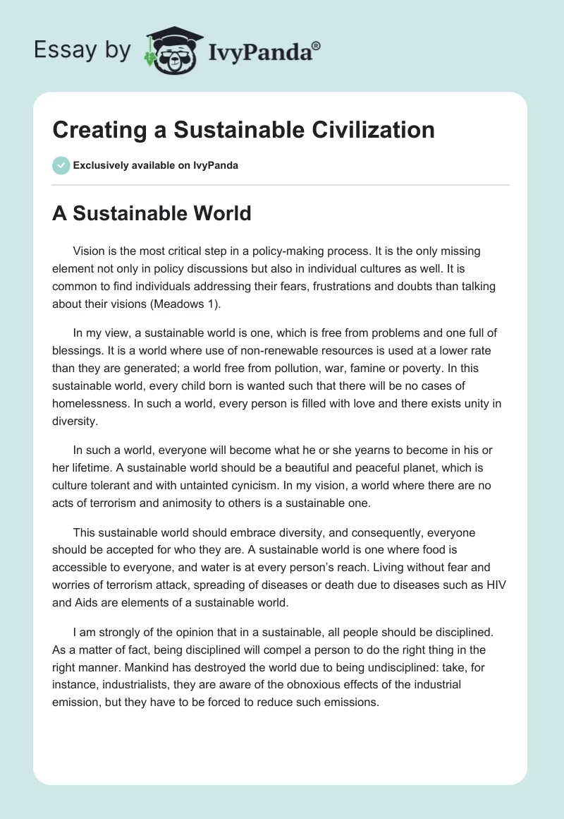 Creating a Sustainable Civilization. Page 1