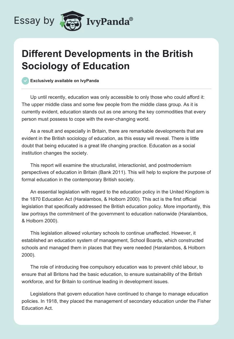 Different Developments in the British Sociology of Education. Page 1