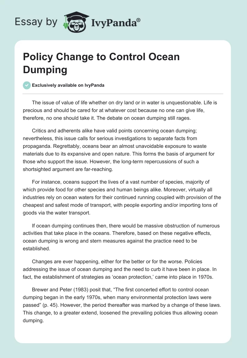 Policy Change to Control Ocean Dumping. Page 1