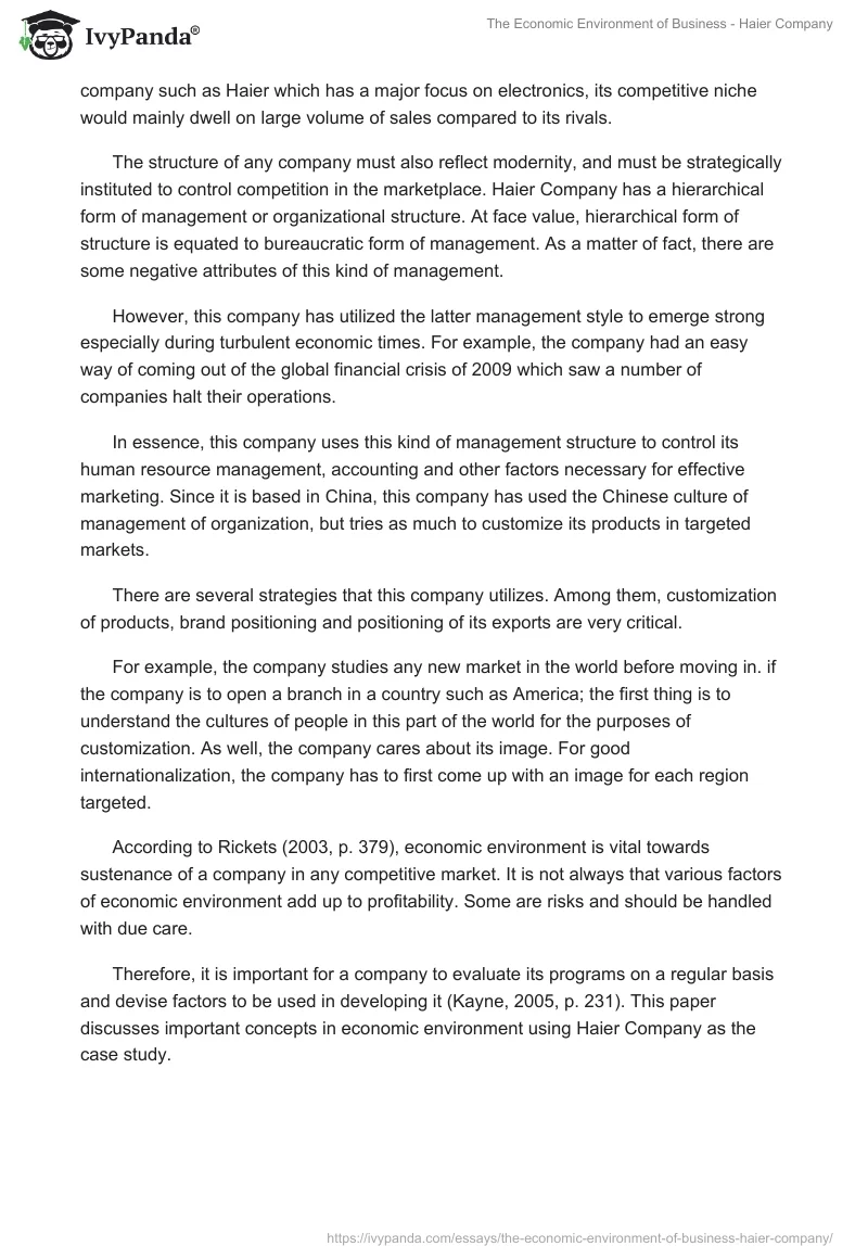 The Economic Environment of Business - Haier Company. Page 2
