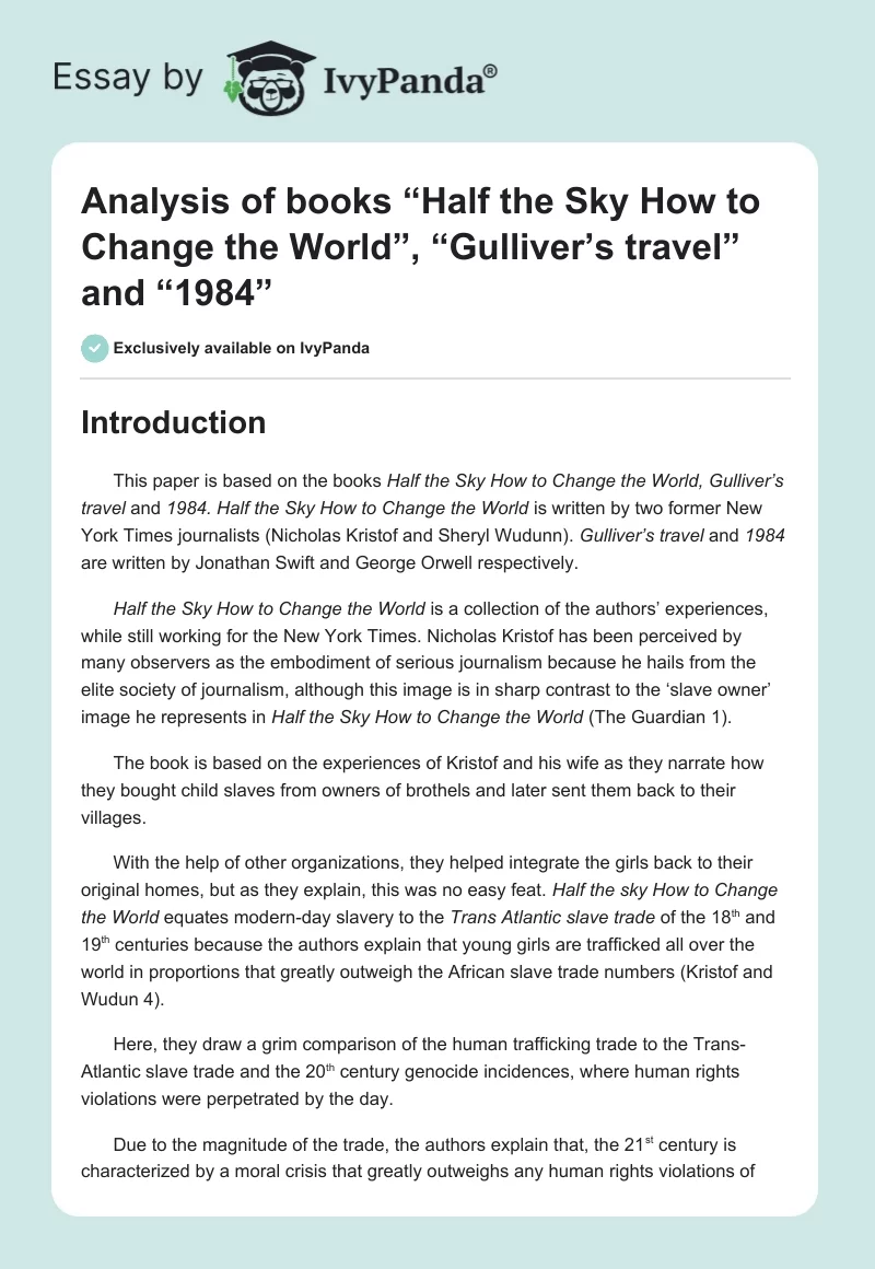 Analysis of Books “Half the Sky How to Change the World”, “Gulliver’s Travel” and “1984”. Page 1