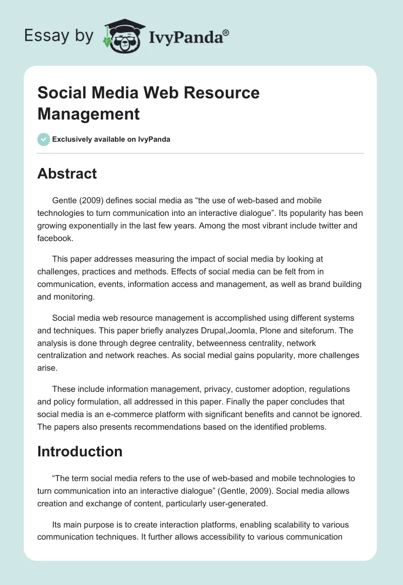 Social Media Web Resource Management. Page 1