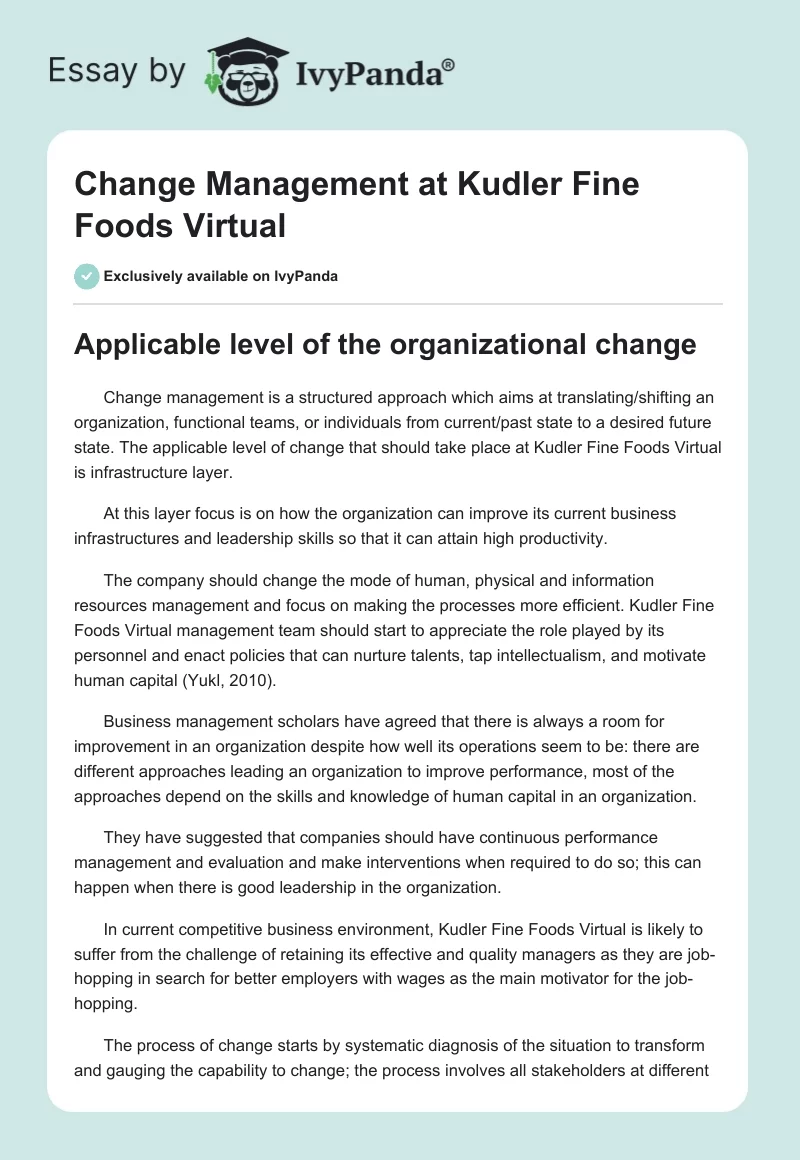Change Management at Kudler Fine Foods Virtual. Page 1