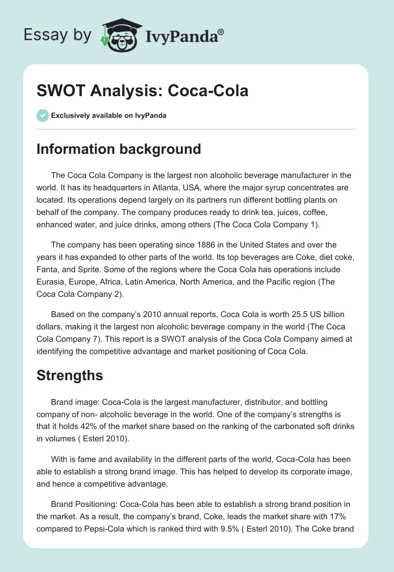 SWOT Analysis: Coca-Cola. Page 1