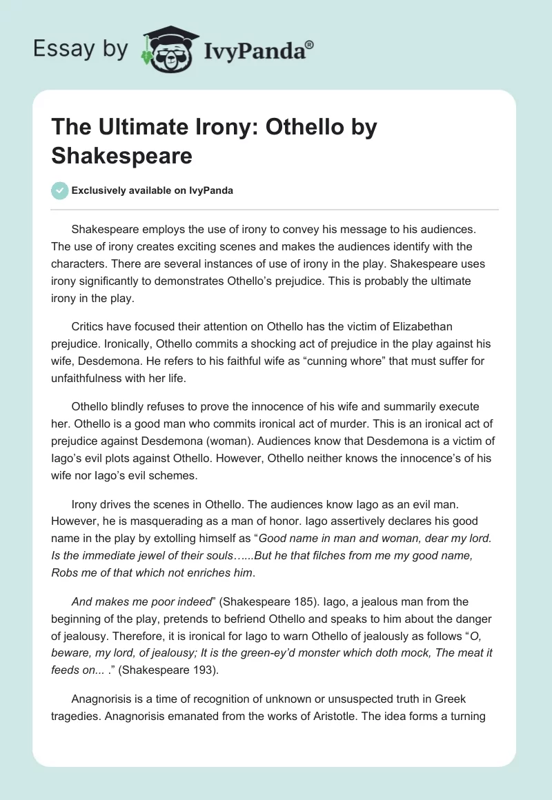 The Ultimate Irony: "Othello" by Shakespeare. Page 1