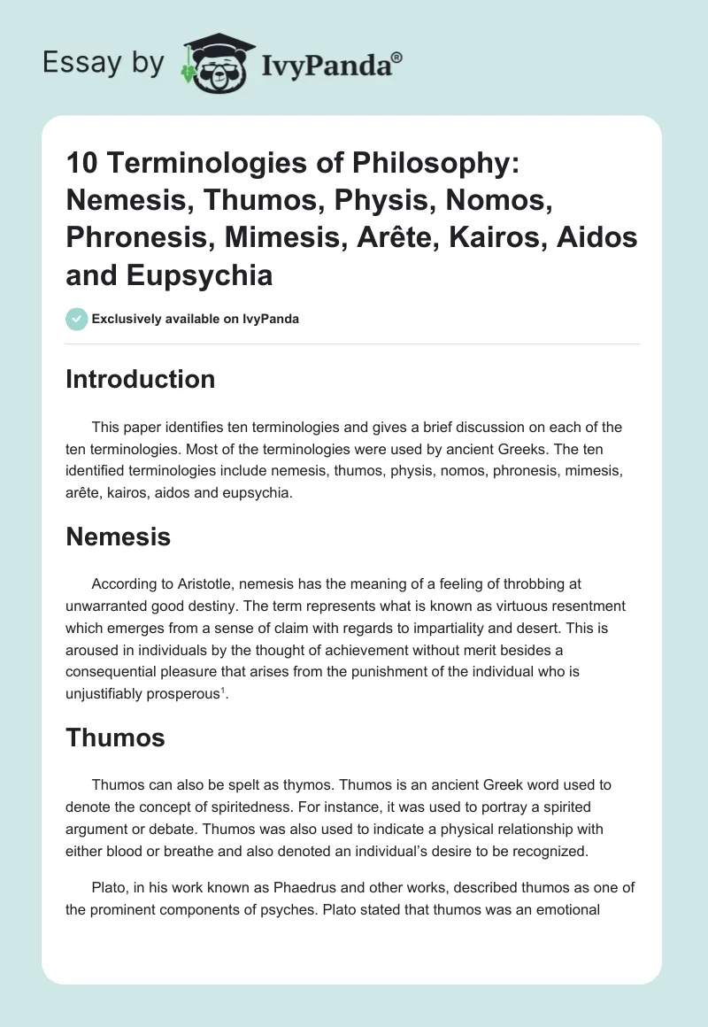 10 Terminologies of Philosophy: Nemesis, Thumos, Physis, Nomos, Phronesis, Mimesis, Arête, Kairos, Aidos and Eupsychia. Page 1