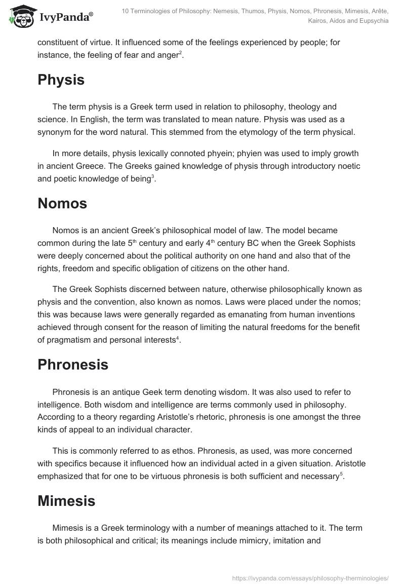 10 Terminologies of Philosophy: Nemesis, Thumos, Physis, Nomos, Phronesis, Mimesis, Arête, Kairos, Aidos and Eupsychia. Page 2