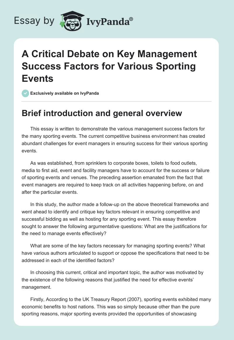 A Critical Debate on Key Management Success Factors for Various Sporting Events. Page 1