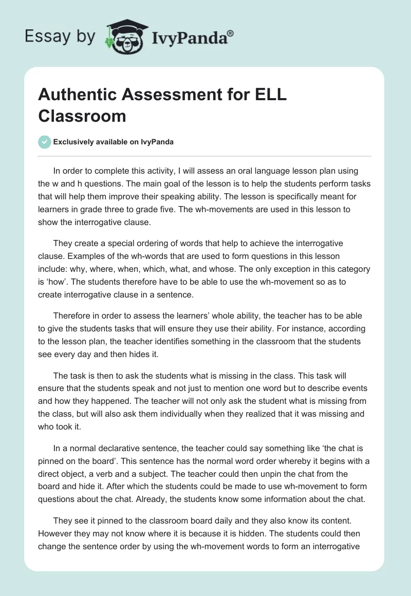 Authentic Assessment for ELL Classroom. Page 1