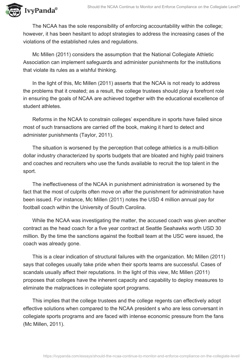 Should the NCAA Continue to Monitor and Enforce Compliance on the Collegiate Level?. Page 4