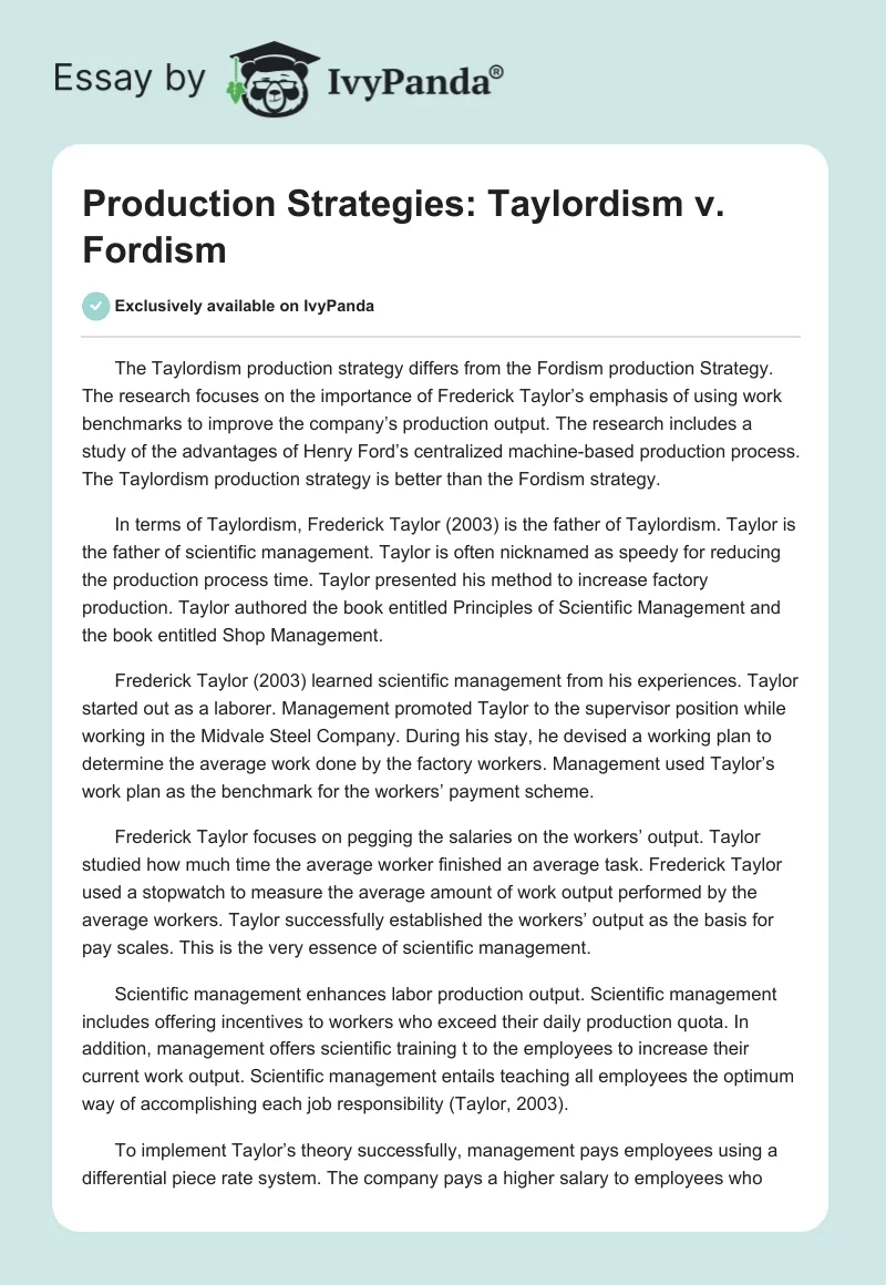 Production Strategies: Taylordism v. Fordism. Page 1