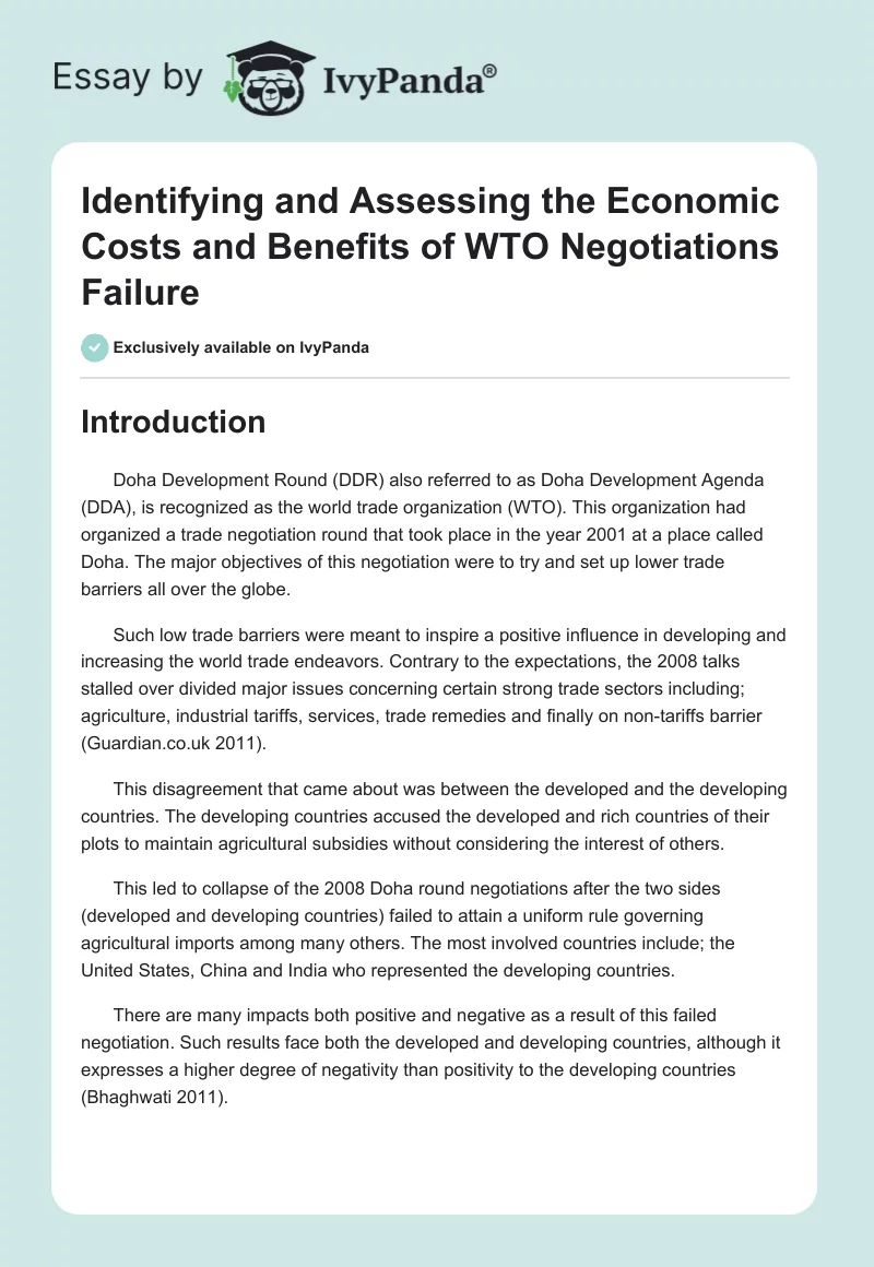 Identifying and Assessing the Economic Costs and Benefits of WTO Negotiations Failure. Page 1
