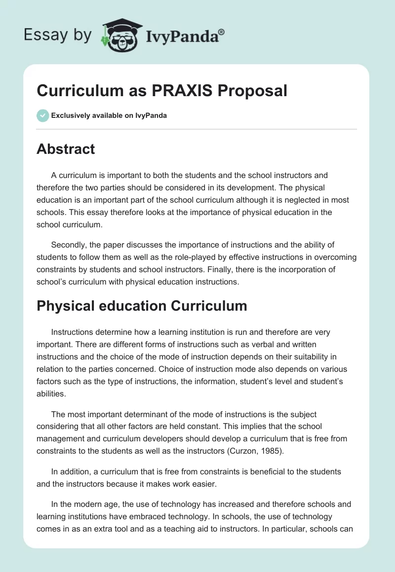 Curriculum as PRAXIS Proposal. Page 1