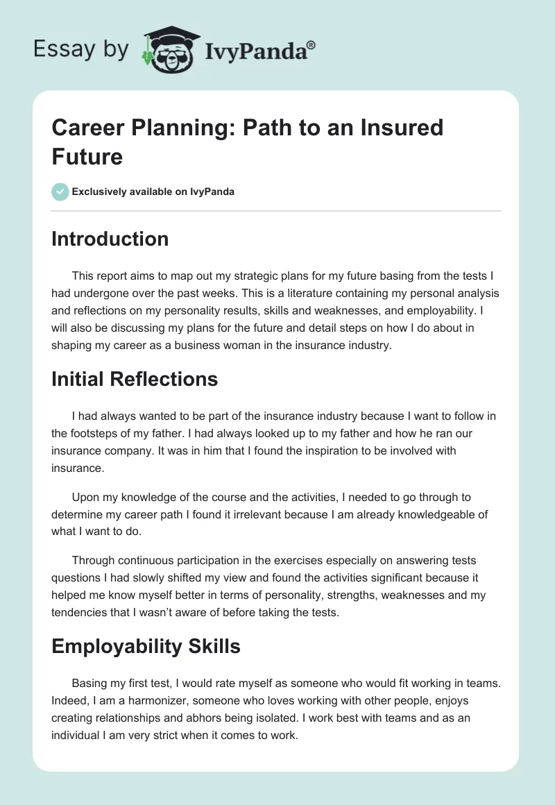 Career Planning: Path to an Insured Future. Page 1