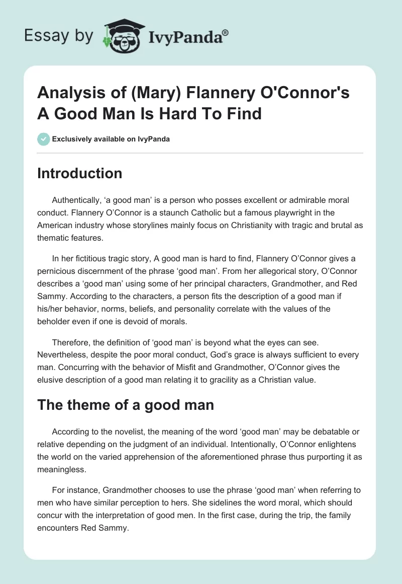 Analysis of (Mary) Flannery O’Connor’s “A Good Man Is Hard to Find”. Page 1