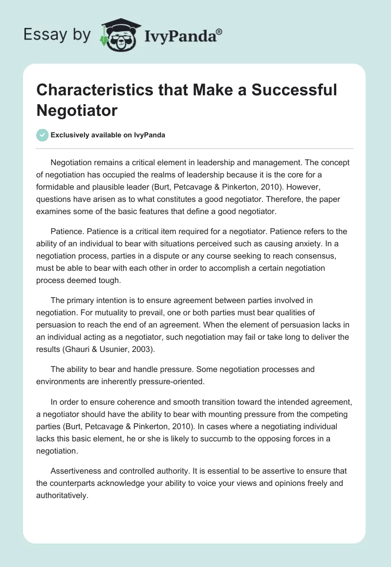 Characteristics that Make a Successful Negotiator. Page 1