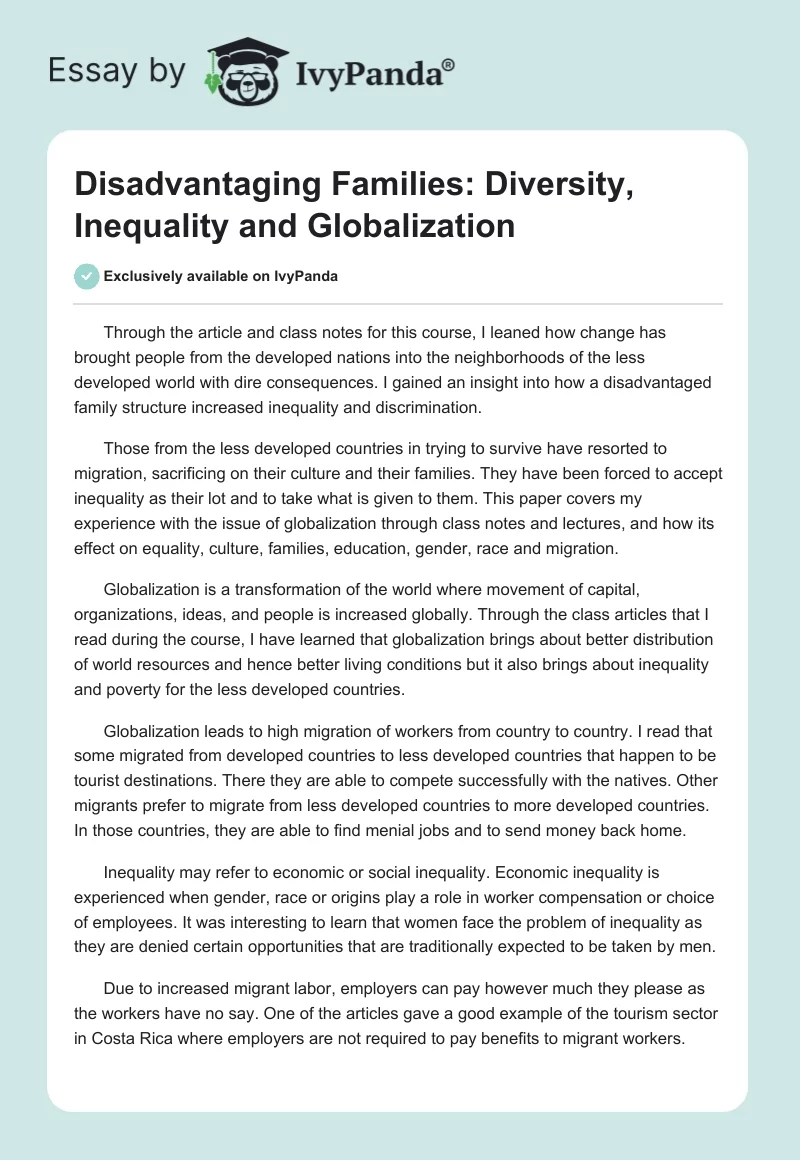Disadvantaging Families: Diversity, Inequality and Globalization. Page 1