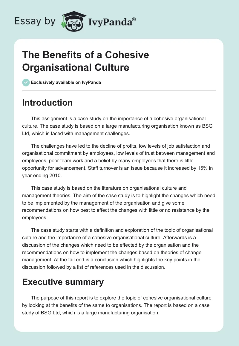 The Benefits of a Cohesive Organisational Culture. Page 1