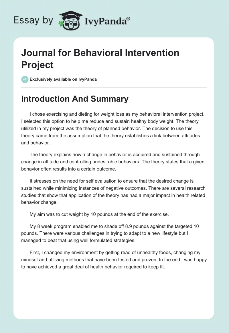 Journal for Behavioral Intervention Project. Page 1