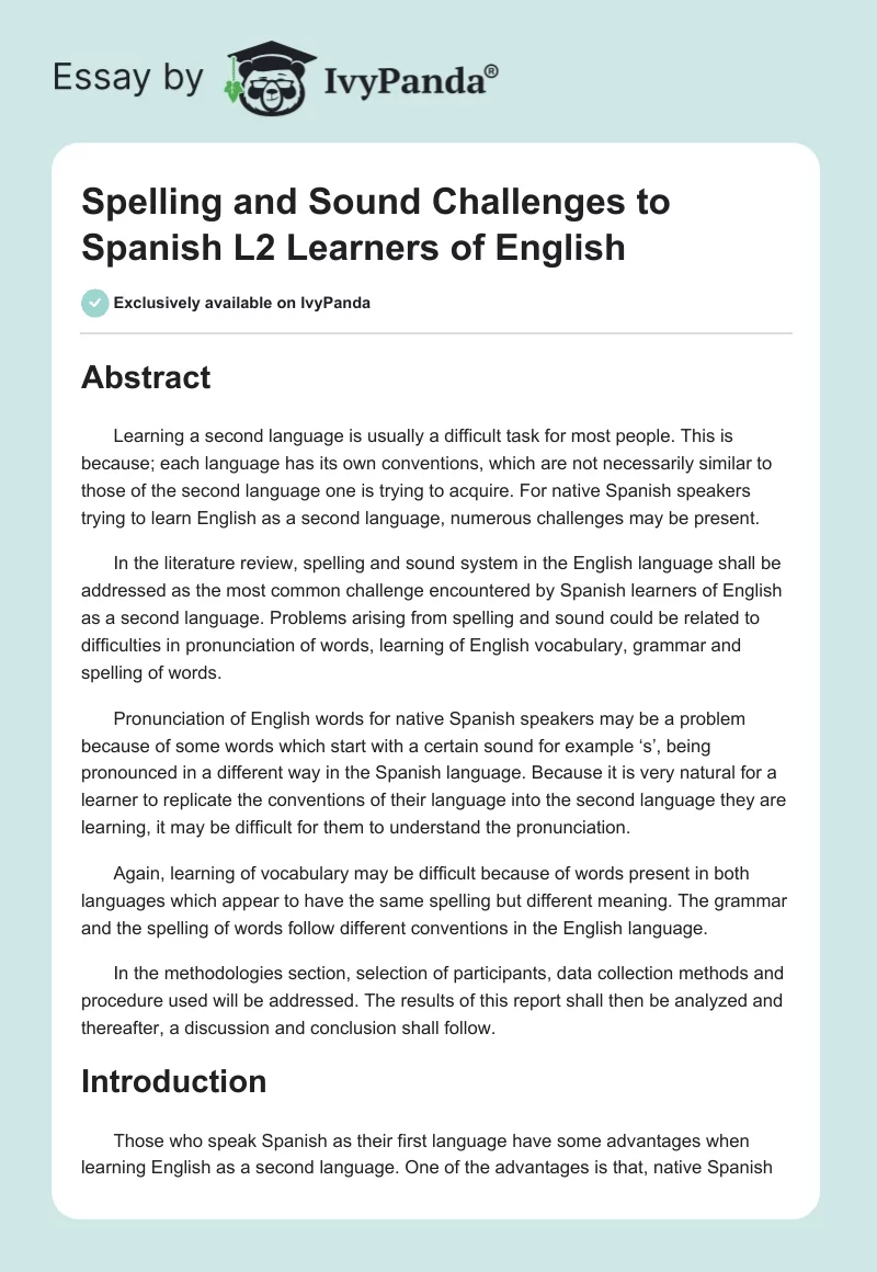 Spelling and Sound Challenges to Spanish L2 Learners of English. Page 1