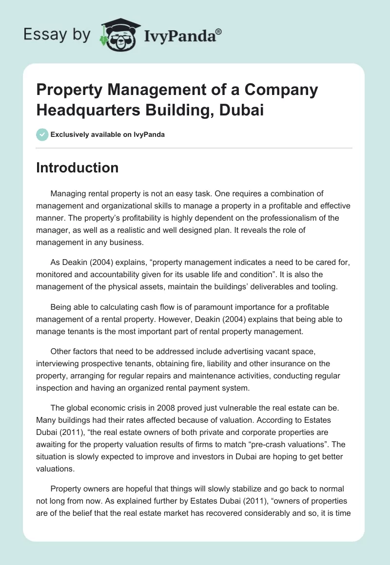 Property Management of a Company Headquarters Building, Dubai. Page 1