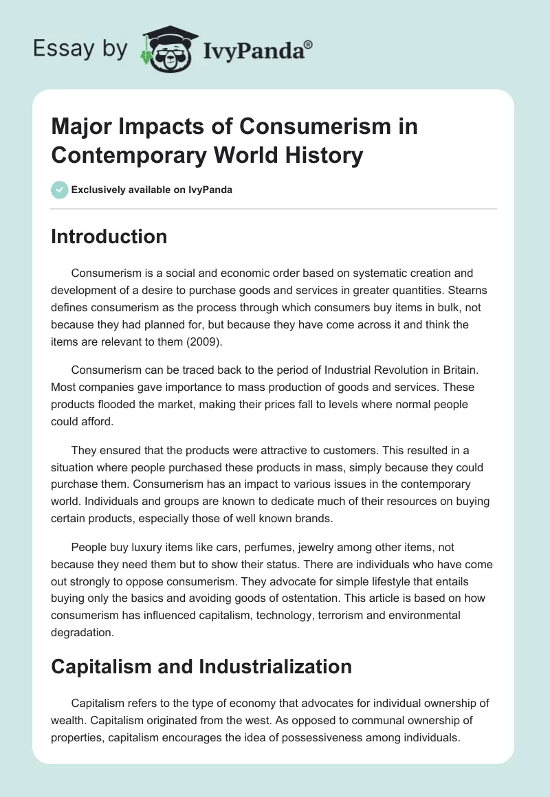 Major Impacts of Consumerism in Contemporary World History. Page 1