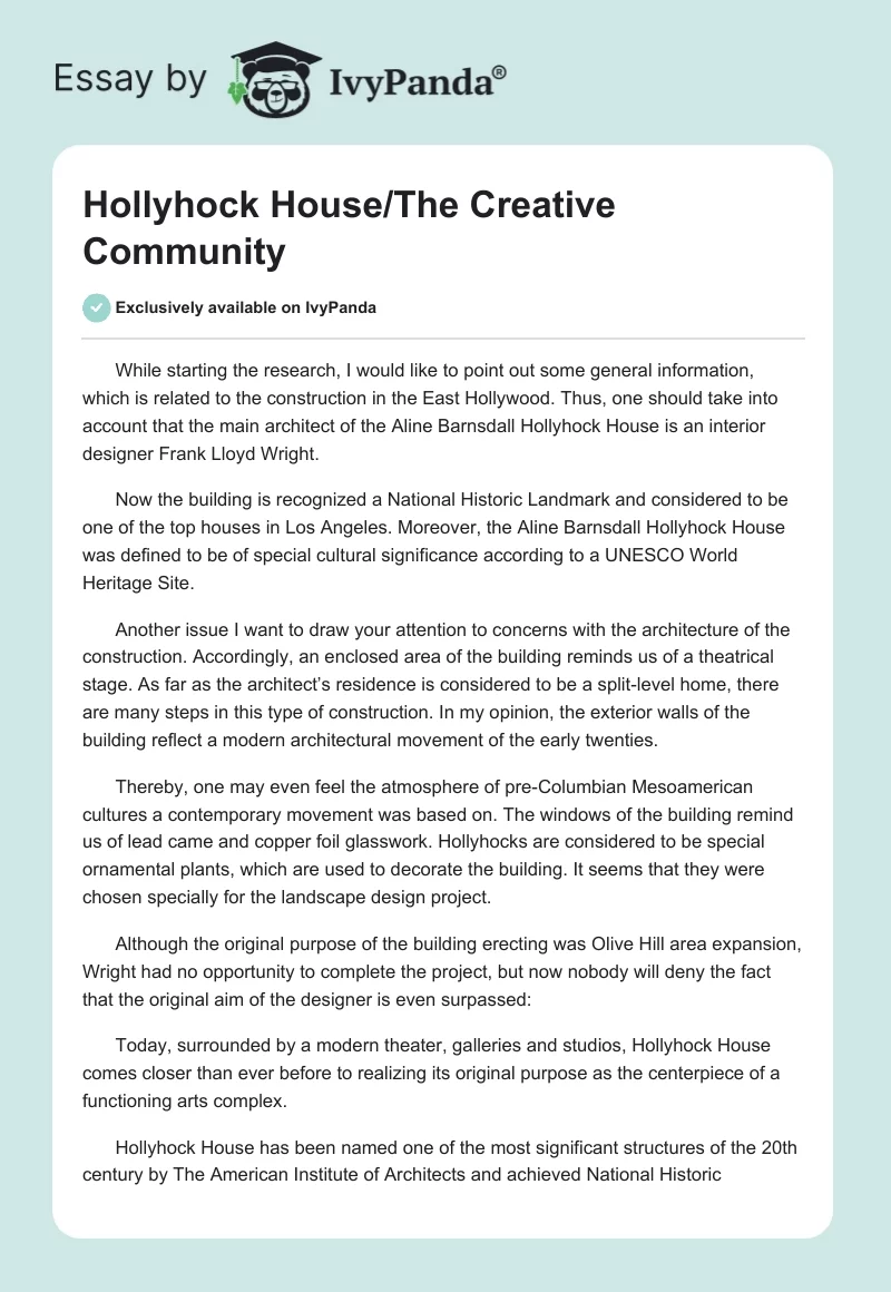 Hollyhock House/The Creative Community. Page 1