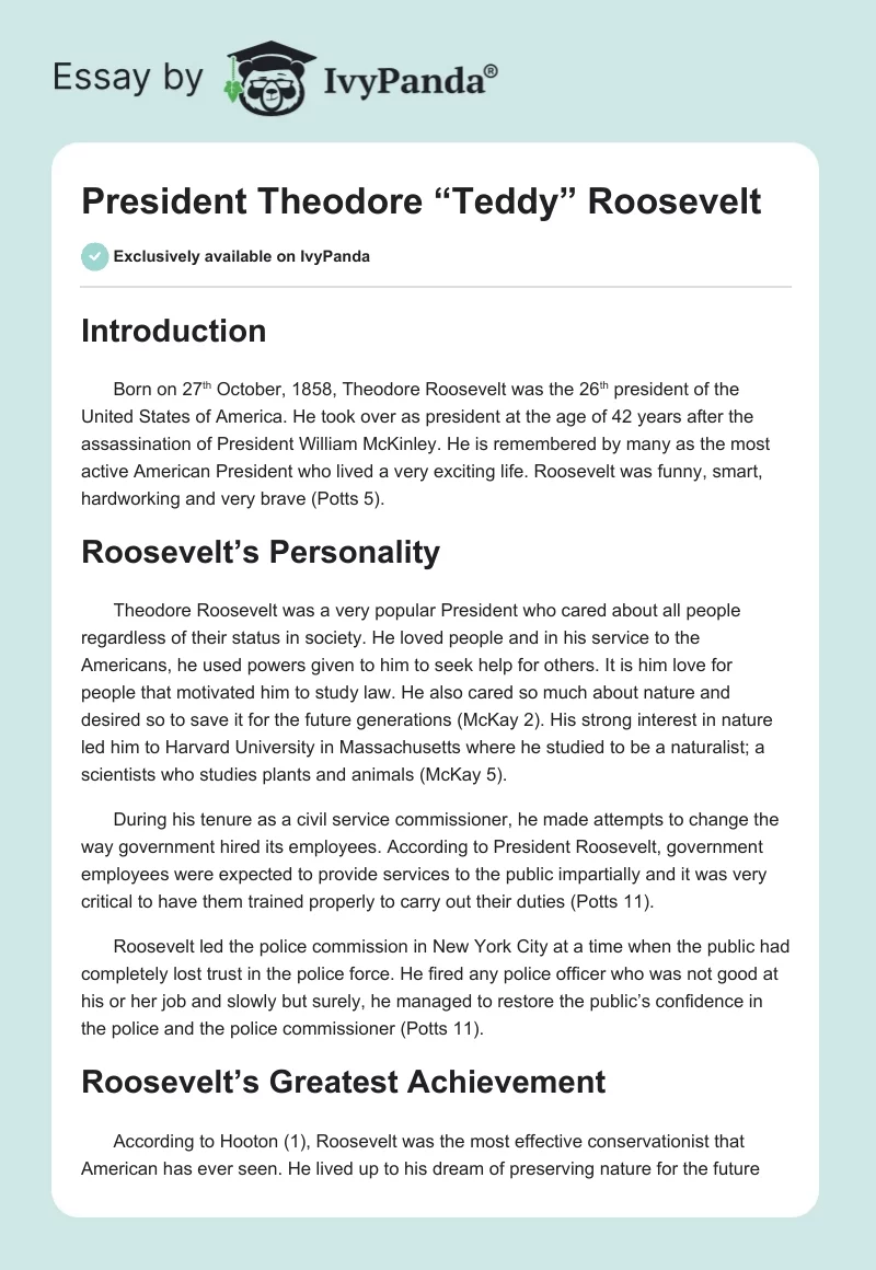 President Theodore “Teddy” Roosevelt. Page 1