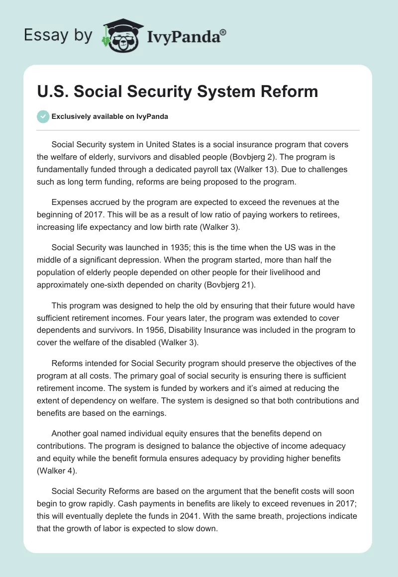 U.S. Social Security System Reform. Page 1