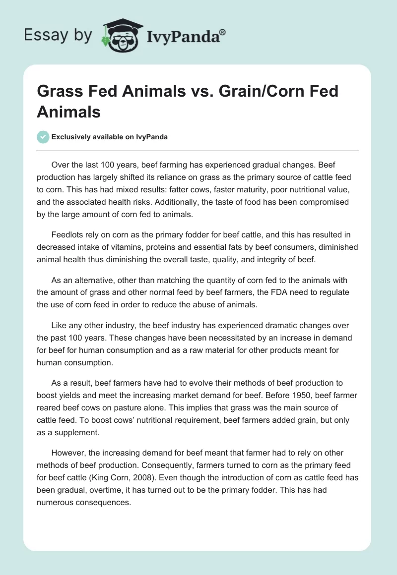Grass Fed Animals vs. Grain/Corn Fed Animals. Page 1