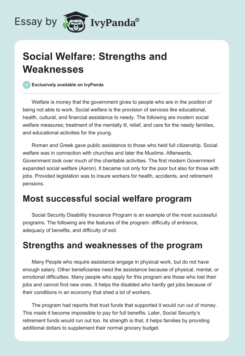 Social Welfare: Strengths and Weaknesses. Page 1