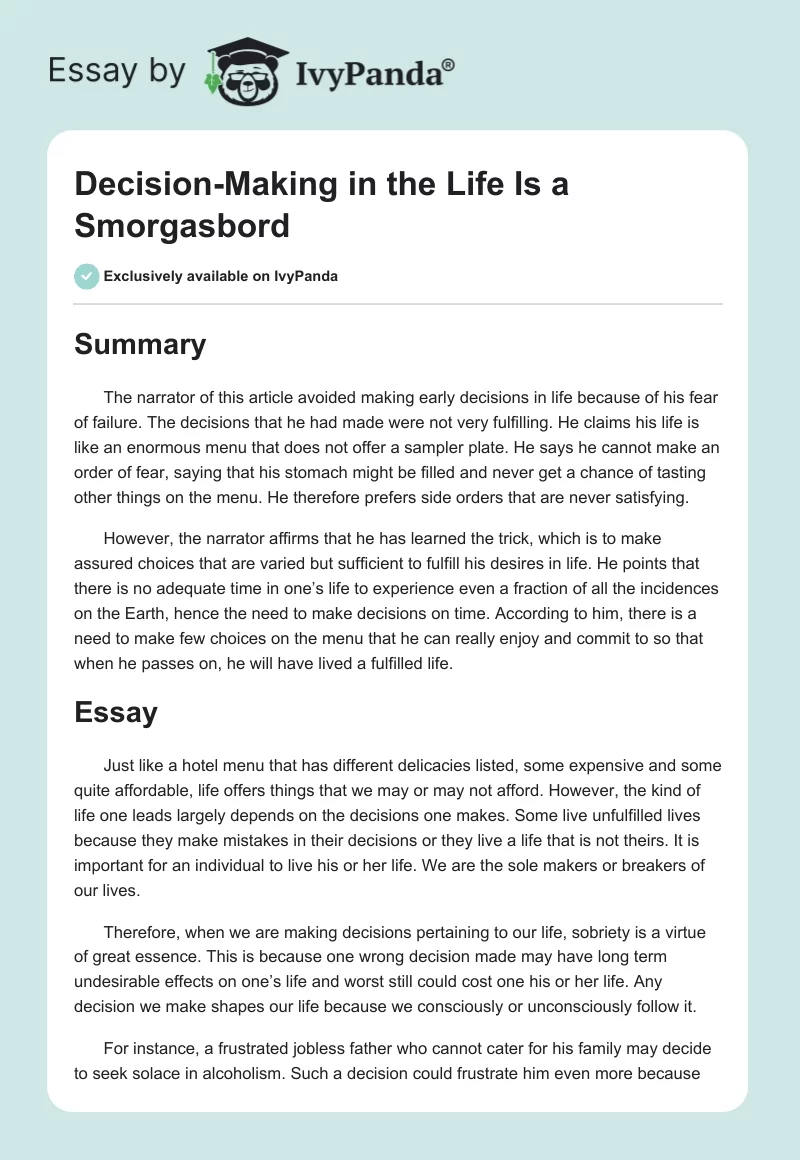 Decision-Making in the "Life Is a Smorgasbord". Page 1