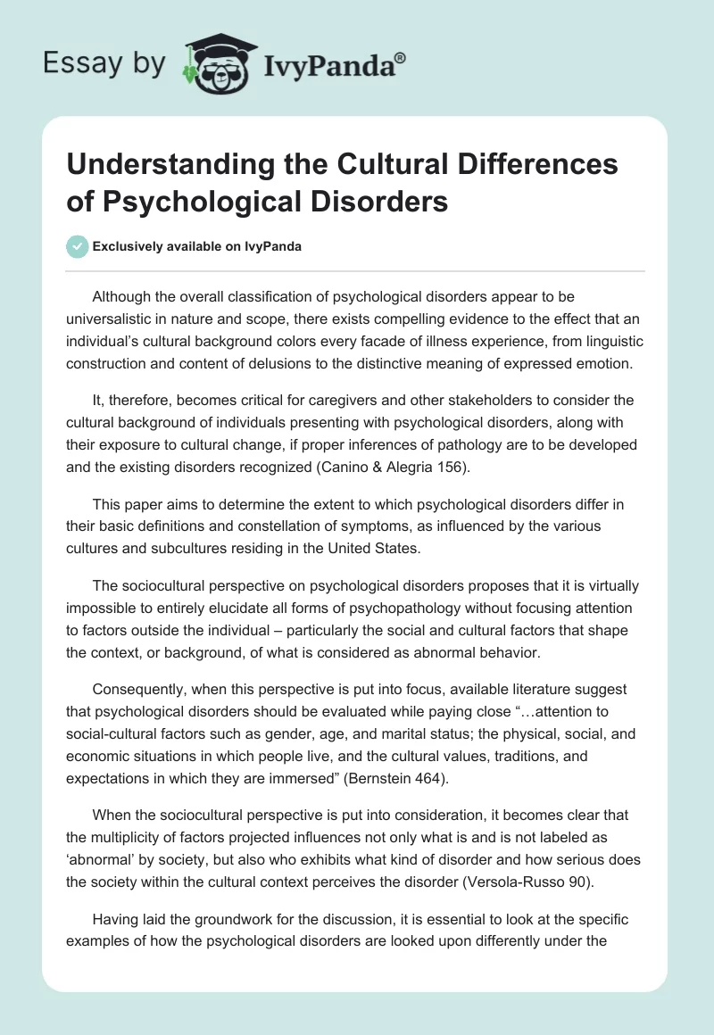 Understanding the Cultural Differences of Psychological Disorders. Page 1