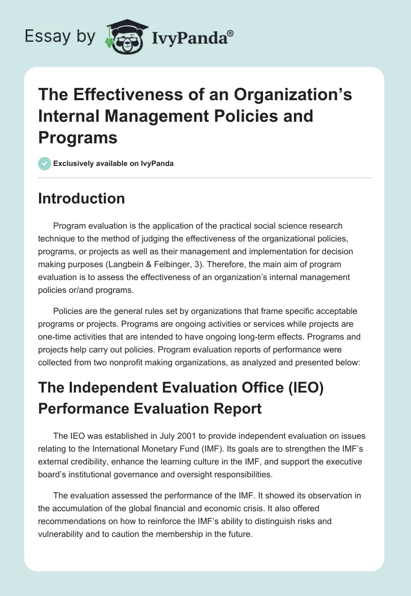 The Effectiveness of an Organization’s Internal Management Policies and Programs. Page 1