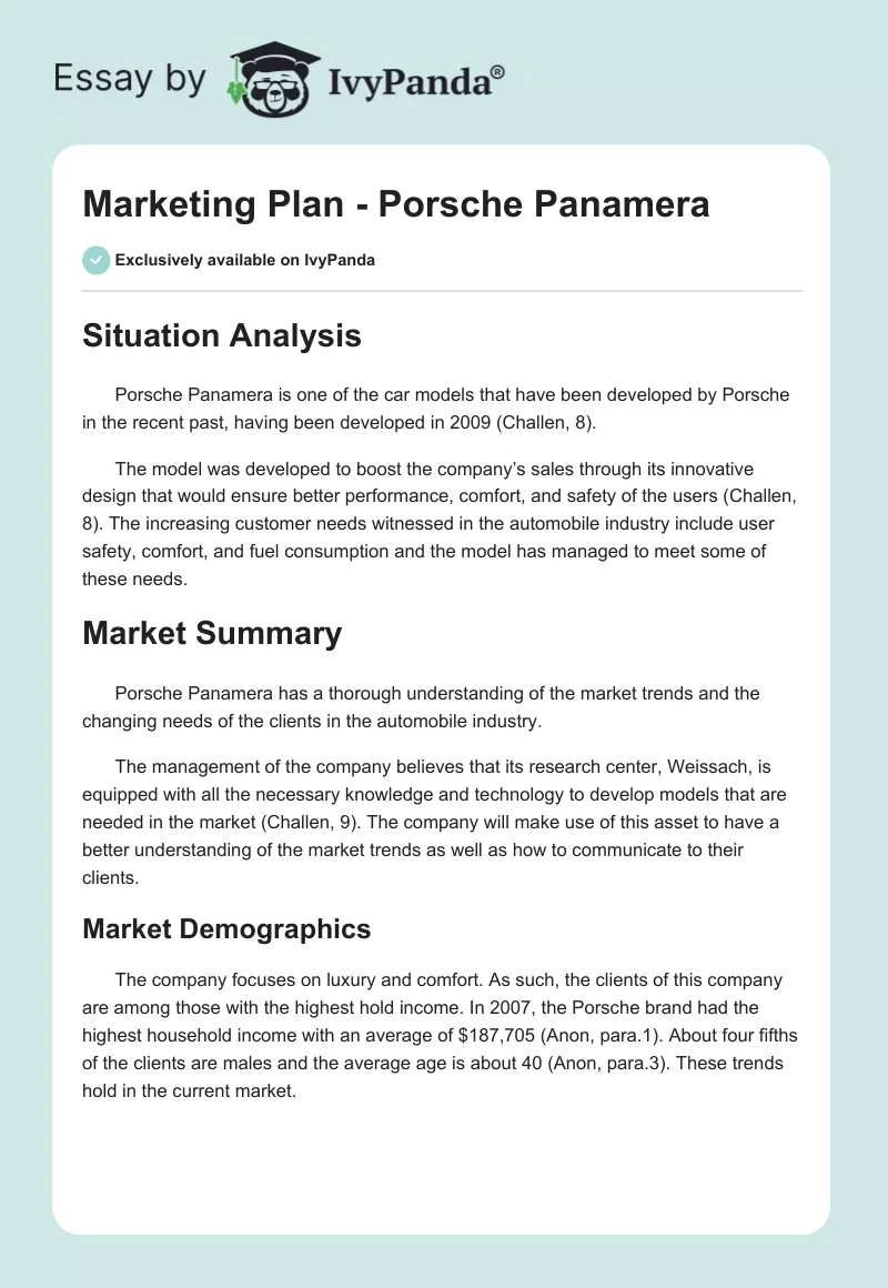 Marketing Plan - Porsche Panamera. Page 1
