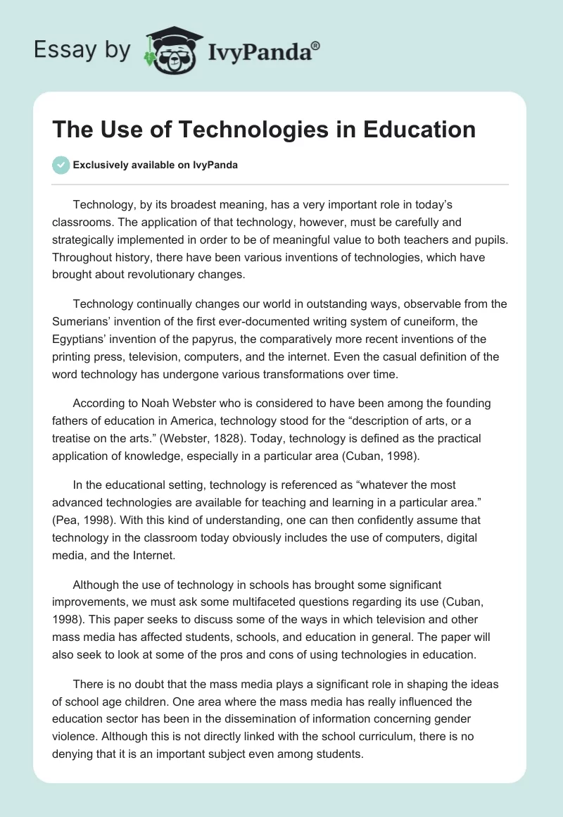 The Use of Technologies in Education. Page 1