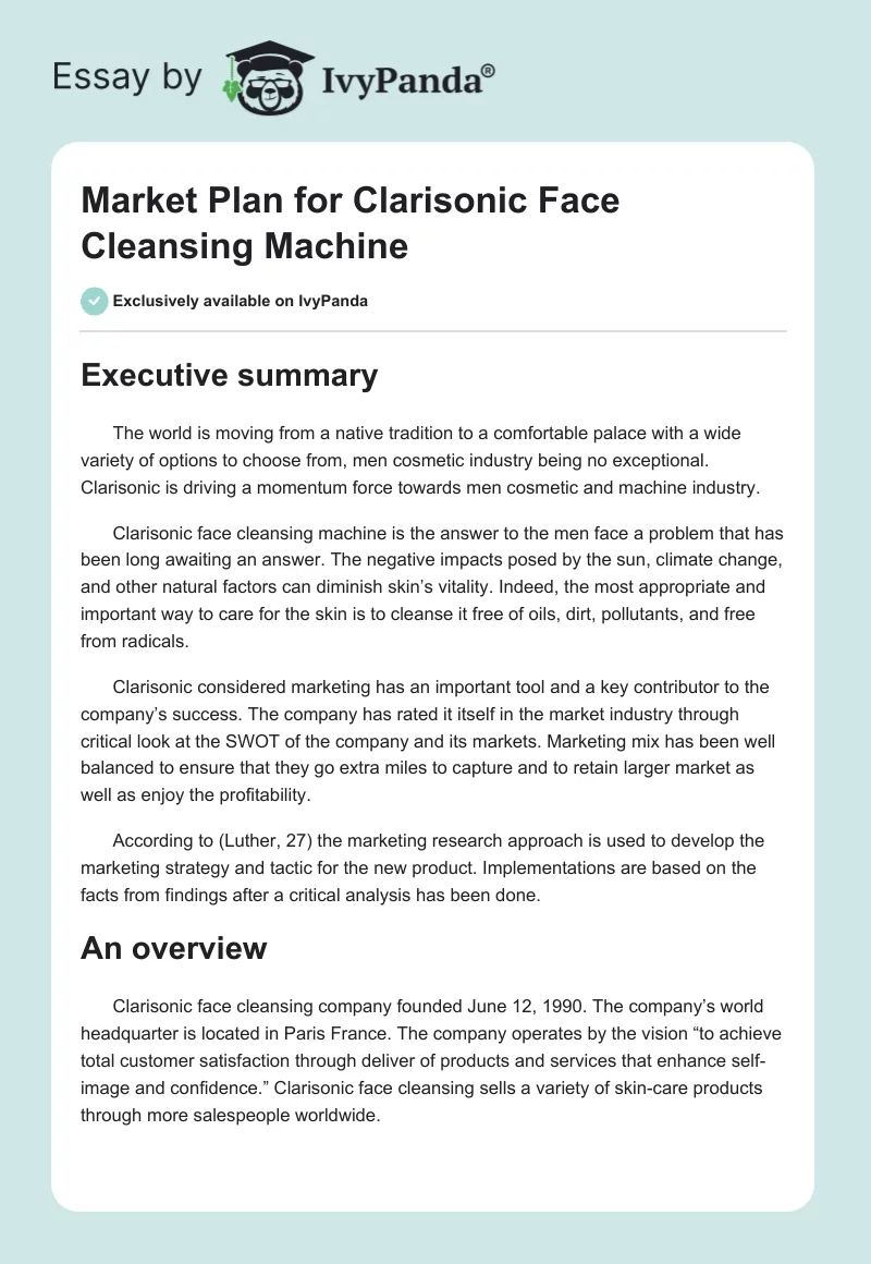 Market Plan for Clarisonic Face Cleansing Machine. Page 1