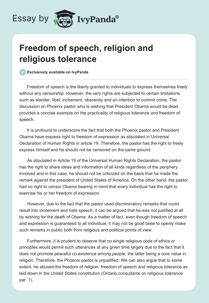 Freedom of Speech, Religion and Religious Tolerance. Page 1