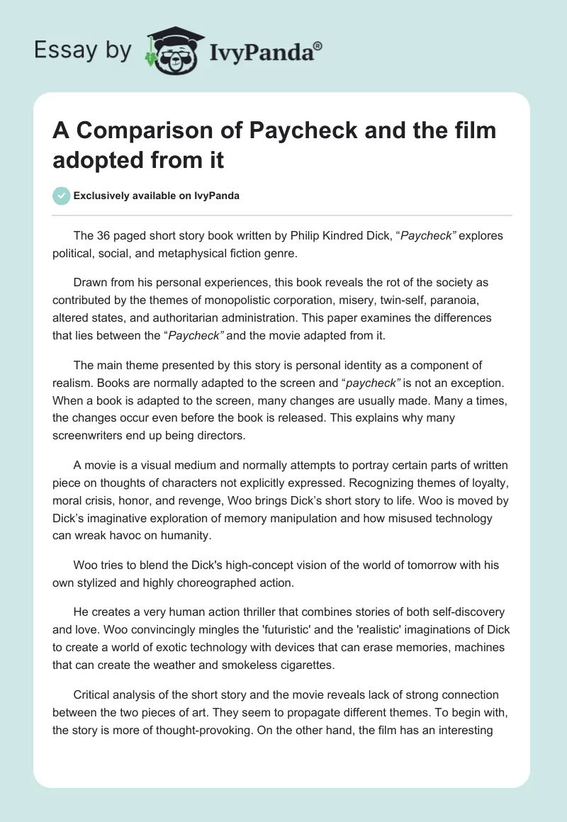 A Comparison of “Paycheck” and the Film Adopted From It. Page 1