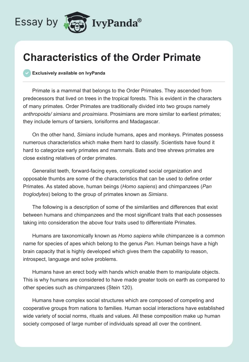 Characteristics of the Order Primate. Page 1