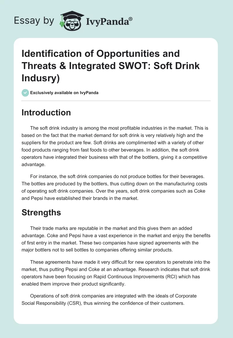 Identification of Opportunities and Threats & Integrated SWOT: Soft Drink Indusry. Page 1