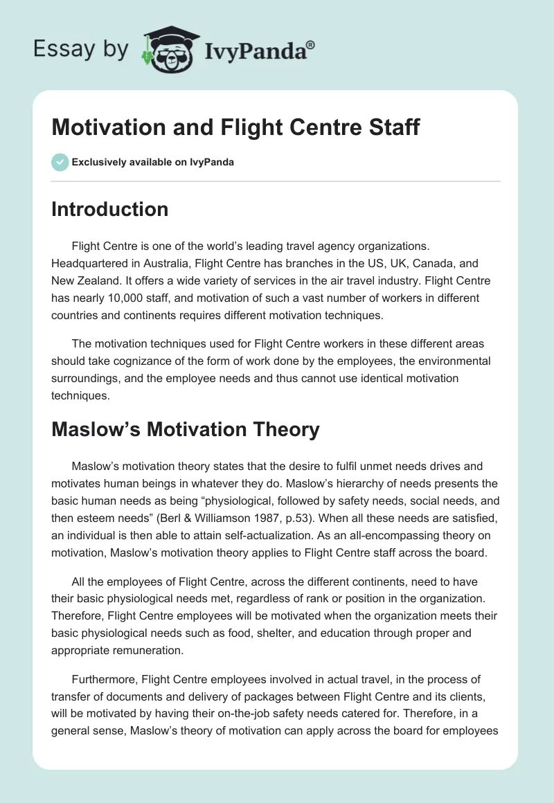 Motivation and Flight Centre Staff. Page 1