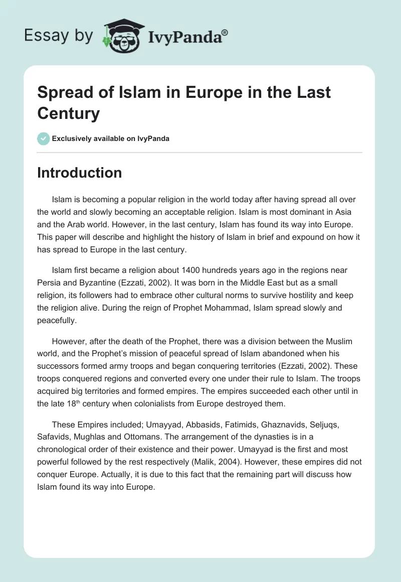 Spread of Islam in Europe in the Last Century. Page 1