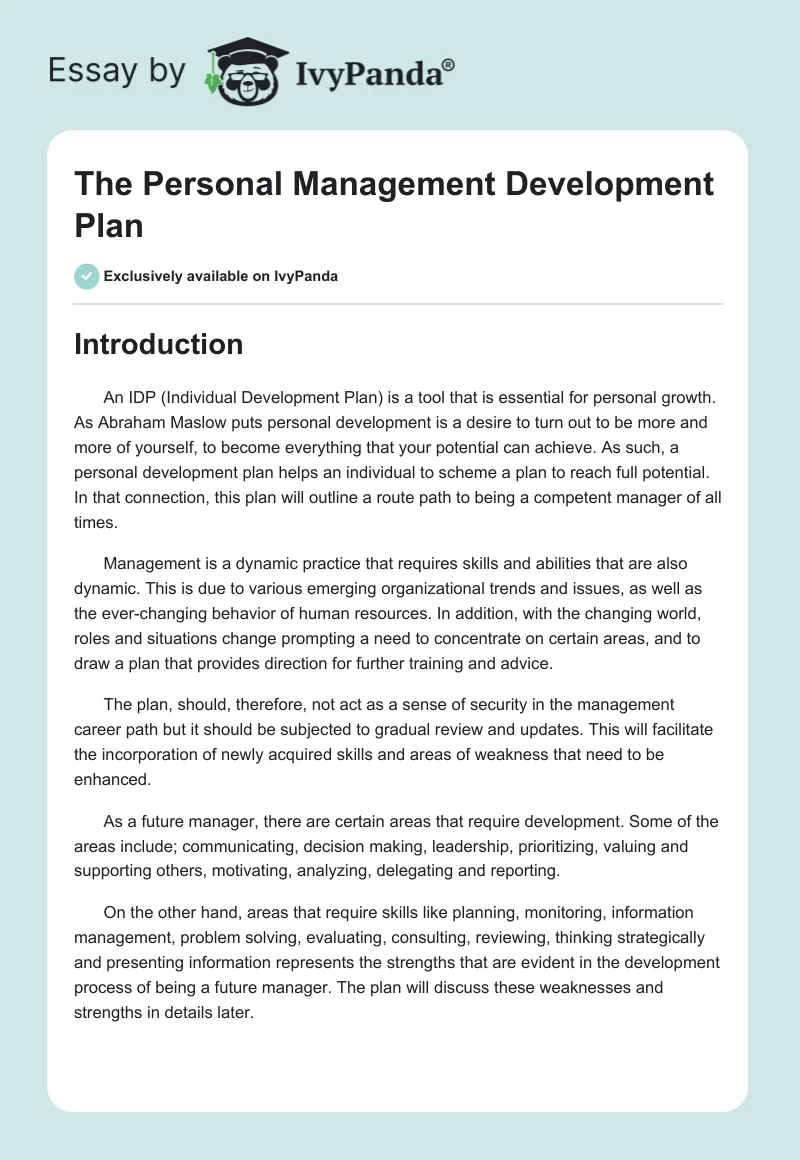 The Personal Management Development Plan. Page 1